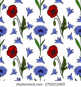 Padrão de vetor sem emenda com papoulas vermelhas vibrantes e delicadas flores de milho azuis com folhagem verde em um fundo branco limpo.
