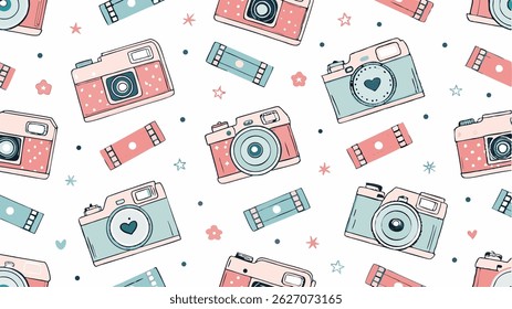 Seamless vector pattern featuring vintage cameras and film reels, ideal for retro designs.