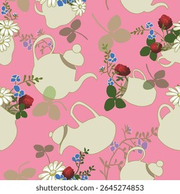 Padrão de vetor sem emenda com bule vintage, camomila, trevo e flores silvestres em um fundo neutro rosa. Ideal para meninas brinquedos e estacionários, divertidos tecidos de cozinha categocore, toalhas de chá