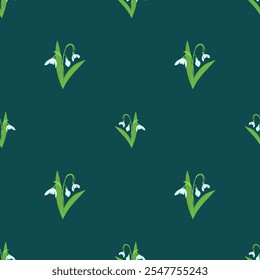 A seamless vector pattern featuring voluminous snowdrops, perfect for fabric, wallpaper, and stationery designs. Ideal for spring-themed products, home decor, and fashion accessories.