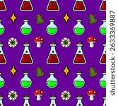 Seamless vector pattern featuring whimsical Halloween elements: vibrant green and red potions, quirky frogs, eerie eyeballs, and magical toadstools on a deep purple background.