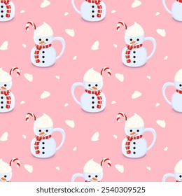 Seamless vector pattern featuring a whimsical snowman mug topped with whipped cream and a candy on a soft pink background. Perfect for festive designs and holiday-themed projects.