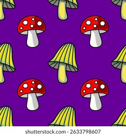 Seamless vector pattern featuring whimsical cartoon mushrooms in vibrant red, green, and yellow on a deep purple background, ideal for autumnal or Halloween designs.