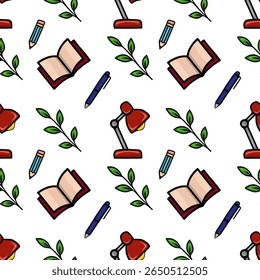 Seamless vector pattern featuring a whimsical arrangement of open books, red desk lamps, blue pens, pencils, and green leaves, creating a playful and educational backdrop.