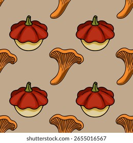 Padrão de vetor sem emenda com um design de outono extravagante com abóboras vermelhas vibrantes e cogumelos cantarelos laranja brilhantes em um fundo de taupe silenciado, criando um humor alegre e festivo.