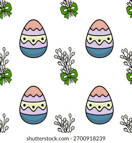 Seamless vector pattern featuring whimsical Easter eggs adorned with pastel colors and delicate willow branches tied with bright green bows, set against a clean white background.