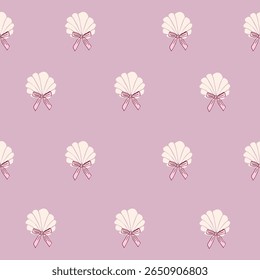 A seamless vector pattern featuring white seashells tied with pink bows on a pastel pink background.Perfect for children's clothing, gift wrapping, nursery, wallpapers or summer themed products.