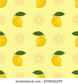 Seamless vector pattern featuring whole lemons with green leaves and lemon slices on a light yellow background. Fresh, bright, and perfect for summer-themed designs.