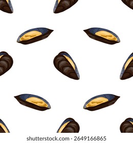 Seamless vector pattern featuring whole mussels in shell. Hand drawn vector illustration. Ideal for seafood menus, restaurant branding, gourmet packaging and food-related prints, kitchen decor