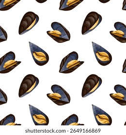 Seamless vector pattern featuring whole mussels in shell. Hand drawn vector illustration. Ideal for seafood menus, restaurant branding, gourmet packaging and food-related prints, kitchen decor