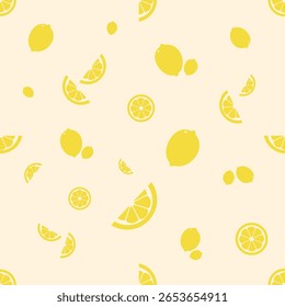 Um padrão de vetor sem emenda com limões inteiros e fatias de limão em um estilo brilhante, fresco e de verão. Perfeito para uso em têxteis de cozinha, papel de embrulho, papéis de parede, artigos de papelaria e com tema de verão p