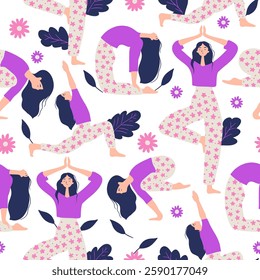Seamless Vector Pattern Featuring Women Practicing Yoga And Meditation In Relaxing Poses With Floral Elements And Soft Colors  