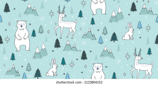 Seamless Vector Pattern Featuring Woodland Animals In A Pretty Winter Scene. Hand-drawn Arctic Animals With Mountains, Trees, Snow, And Stars. Perfect For Winter Holidays.