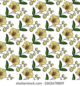 A seamless vector pattern featuring yellow flowers with orange centers and green leaves on a white background. The design is vibrant and suitable for textiles or wallpapers.