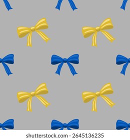 Seamless vector pattern featuring yellow and blue bows on a grey background, a cheerful and festive design ideal for wrapping paper or holiday projects.