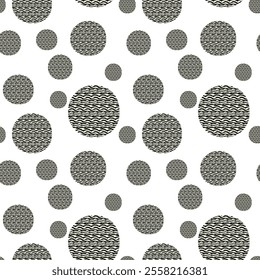 A seamless vector pattern featuring zebra-striped circles, playful polka dots, and abstract drops on a transparent background. Perfect for textiles, gift wraps, or digital designs