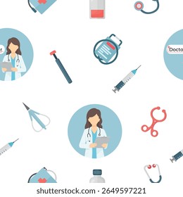 Seamless vector pattern with female doctor and medical instruments on white background. Includes syringe, stethoscope, pressure monitor, reflex hammer, scissors, forceps, medicine bottle. Flat modern 