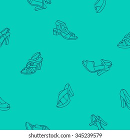 Seamless vector pattern of female shoes on a blue-green background, painted by hand.