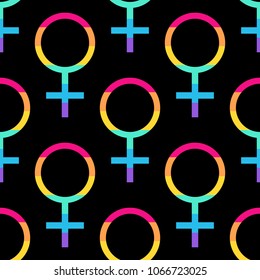 Seamless vector pattern with female symbol in gay pride rainbow colors. Trendy stylish texture. Repeating colorful tile, artwork for print and textiles. Isolated vector illustration.