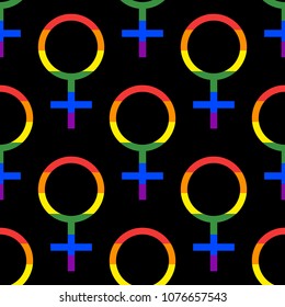 Seamless vector pattern with female symbol in gay pride rainbow colors. Trendy stylish texture. Repeating colorful tile, artwork for print and textiles. Isolated vector illustration.