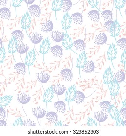 Seamless vector pattern with fennel, plant sticks, flower. Sweet pastel colors. 