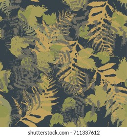 Seamless vector pattern with fern and autumn leaves. Background in a camouflage style print on fabric, paper, textile, creation, fall layouts, Wallpapers, banners. Floral ornament, backdrop.