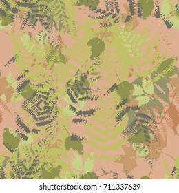 Seamless vector pattern with fern and autumn leaves. Background in a camouflage style print on fabric, paper, textile, creation, fall layouts, Wallpapers, banners. Floral ornament, backdrop.
