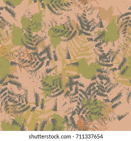 Seamless vector pattern with fern and autumn leaves. Background in a camouflage style print on fabric, paper, textile, creation, fall layouts, Wallpapers, banners. Floral ornament, backdrop.