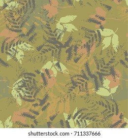 Seamless vector pattern with fern and autumn leaves. Background in a camouflage style print on fabric, paper, textile, creation, fall layouts, Wallpapers, banners. Floral ornament, backdrop.