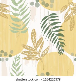 Seamless vector pattern- ferns,leaves on natural textured background made by the same artist. Muted colors of nature. Circular shapes. For beautiful packaging, textiles, stationery, journal covers