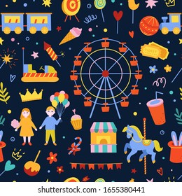 Seamless vector pattern with festival elements and objects. Cute amusement park background with attractions, sweet food, happy children