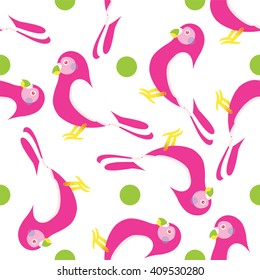 Seamless vector pattern. Festive bright design, illustration of magic cartoon parrots, birds with rounds. Perfect for textile, backgrounds, texture, cotton, web. Pink, green, beige, magenta