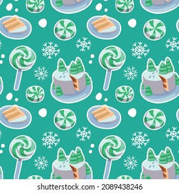 Seamless vector pattern of festive cake and peppermint, Christmas and New Year celebration related background.