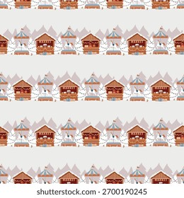 Seamless vector pattern with a festive carousel with horses, market stalls and snow-covered fir trees. Christmas winter fair. Nostalgic carnival background. Vector flat illustration on a white