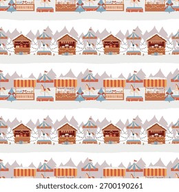 Seamless vector pattern with a festive carousel with horses, market stalls and snow-covered fir trees. Christmas winter fair. Nostalgic carnival background. Vector flat illustration on a white