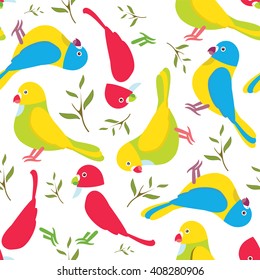 Seamless vector pattern. Festive childish design, illustration of magic cartoon parrots, with branch and leaves. Perfect for textile, backgrounds, texture, cotton, web. Green, yellow, pink, red, blue 