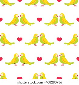 Seamless vector pattern. Festive childish design, illustration of couple cartoon love parrots, birds with hearts. Perfect for textile, backgrounds, texture, cotton, web. Love theme Green, yellow, red
