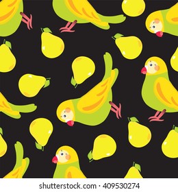 Seamless vector pattern. Festive childish design, illustration of magic cartoon parrots, birds with peak. Perfect for textile, backgrounds, texture, cotton, web.  Green, yellow, pink, red