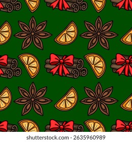 Seamless vector pattern of festive Christmas spices: cinnamon sticks tied with red bows, star anise, and orange slices on a deep green background, perfect for winter holidays design.