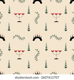 Seamless vector pattern with festive elements, likely intended for Christmas or holiday-themed designs. The style is minimalist and graphic, modern, 2026, candle