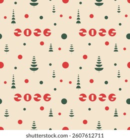 Seamless vector pattern with festive elements, likely intended for Christmas or holiday-themed designs. The style is minimalist and graphic, modern, 2026, trees, circle