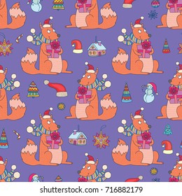 Seamless vector pattern with festive foxes and other christmas elements - snowmen, ornaments, trees. Lovely vector illustration and design for fabrics, textile, wallpaper and background.