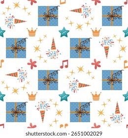 Seamless vector pattern with festive gift boxes, poppers and music notes. Perfect for festive wrapping paper, textiles and party decor. Christmas, New Year, Birthday themes.