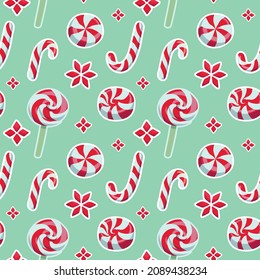 Seamless vector pattern of festive peppermint and candy cane, Christmas and New Year celebration related background.