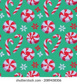 Seamless vector pattern of festive peppermint and candy cane, Christmas and New Year celebration related background.