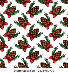 Seamless vector pattern of festive pine cones adorned with red bows and green fir branches, ideal for winter holidays designs.