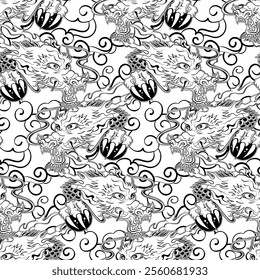 Seamless Vector Pattern of Fierce Japanese Dragon with Pearl in Claw, Flying Amidst Asian Clouds, Monochrome Black and White Illustration