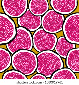 Seamless Vector Pattern with Fig in graphic stylization. Piml and yellow trendy colors. Cute vector background. Bright fresh fruit illustration. Hand drawn colorful vector wallpaper.