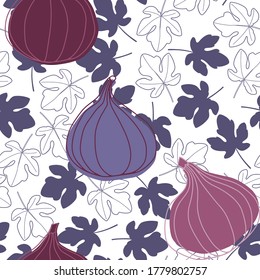 Seamless vector pattern with figs and fig tree leaves on a white background.