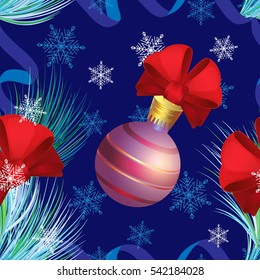 Seamless vector pattern with fir branches, red bows and Christmas ball
